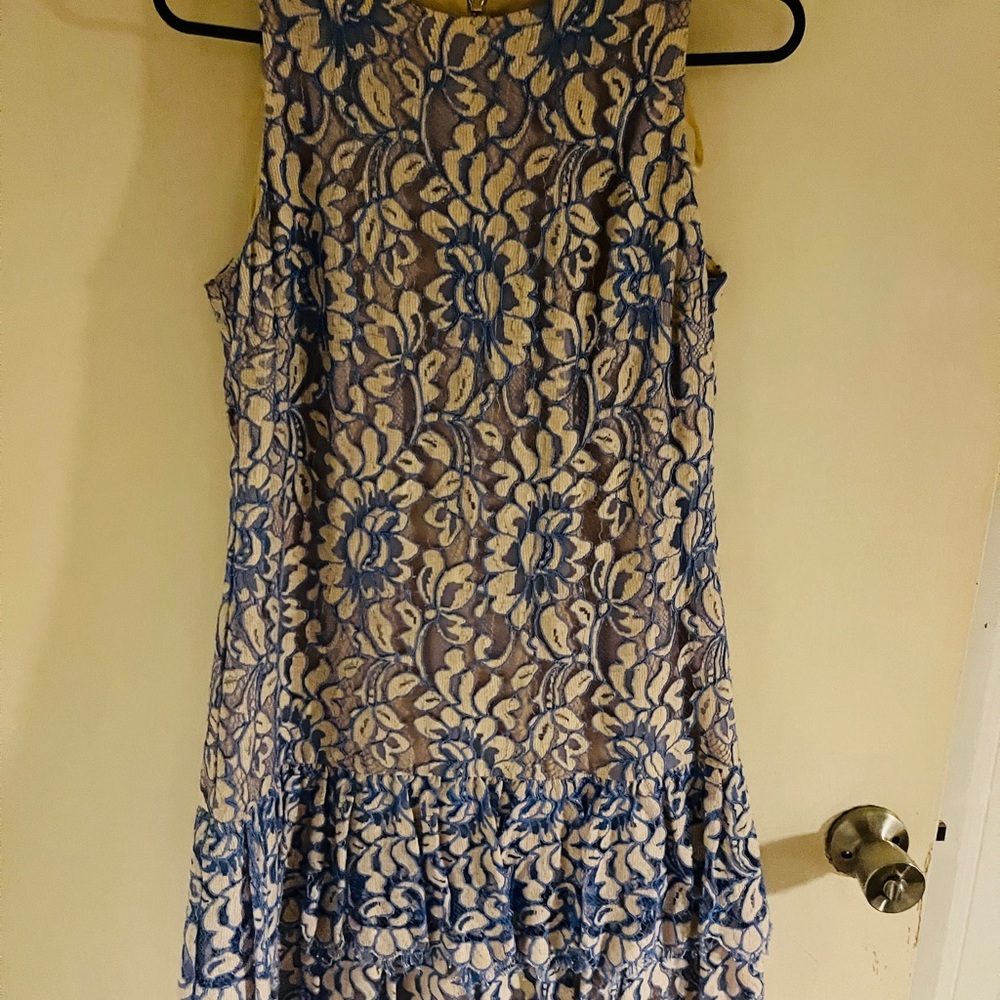 Eliza J Nude dress with light blue lining.